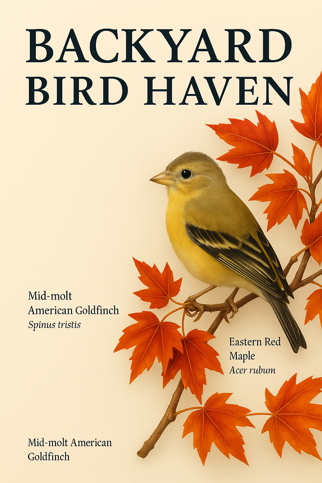 Illustrated goldfinch and maple leaves from the Backyard Bird Haven art archive